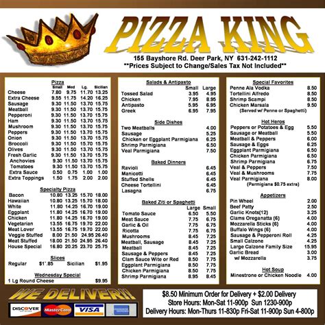 We also have a large pizza menu with that includes Meat lovers, Veggie, Hawaiian, PMS- (pepperoni, mushroom and sausage) and any combination you want to create. . Pizza king dunlap menu